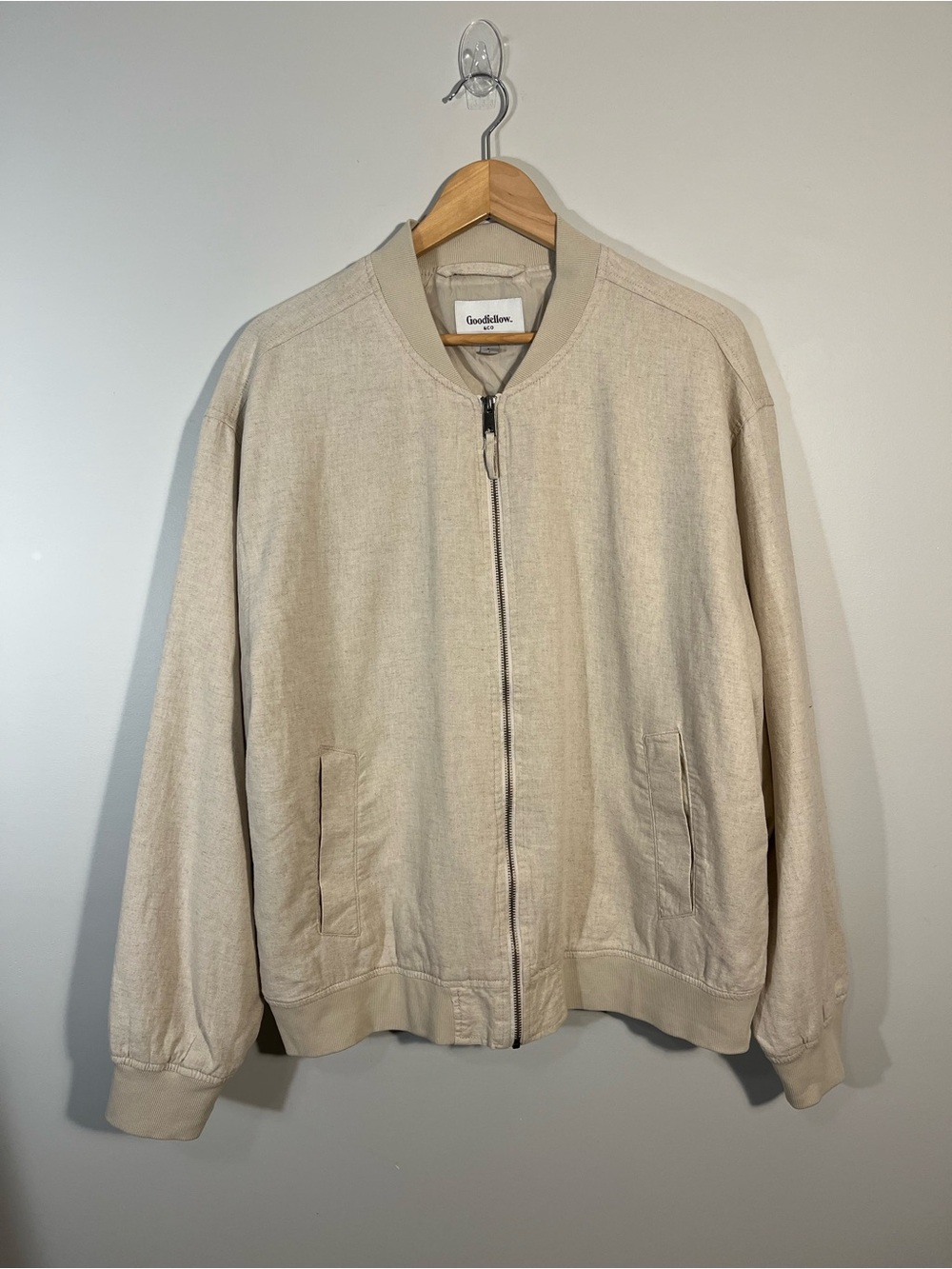 Goodfellow & Co Linen Cotton Blend Men's Cream Zip Front Cream Bomber Jacket L